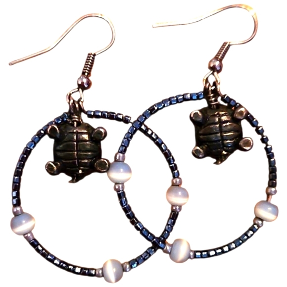 Bronze, Silver, and Turtle Hoop Earrings with Car Eye Bead Accents - Picture 3 of 3